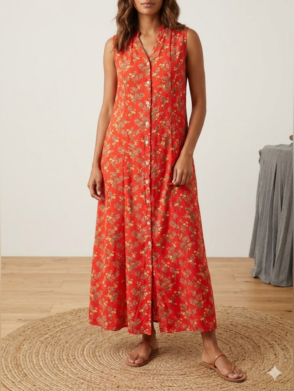 April Cornell Vintage 90s Red Floral Button-Front Maxi Dress Boho Cottagecore M